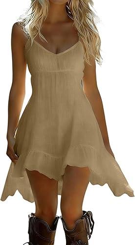 Oplxuo Women Cotton Linen Beach Dress Spaghetti Strap V Neck Mini Dresses Summer Sleeveless Casual Sundresses with Ruffle Hem
