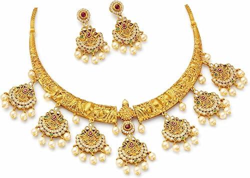 Temple Jewelry Necklace Set for Women – Gold Plated Goddess Lakshmi Design Statement Necklace with Matching Earrings, Green & Red Stones, Traditional Indian Bridal Wedding Jewelry