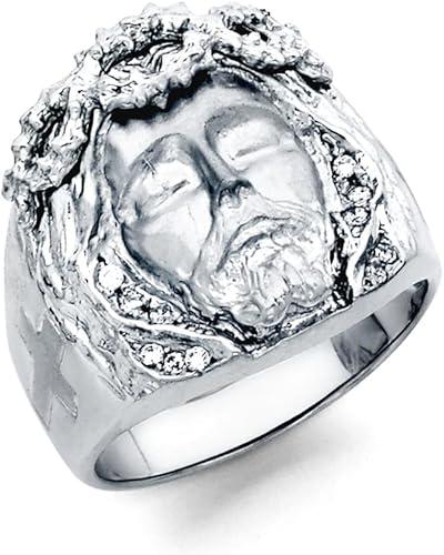 JewelryWeb Solid 925 Sterling Silver Jesus Head Cubic Zirconia Ring for Men – Sizes 9–12 – Religious Faith Statement Ring – CZ Accent Christian Jewelry