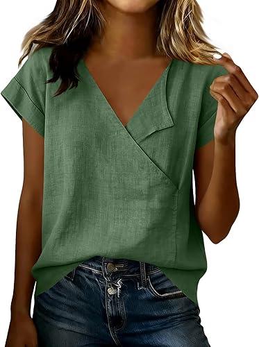 Oplxuo Women's Cotton Linen Shirts V Neck Short Sleeve Wrap Blouse Summer Casual Loose Fit Tunic Tops
