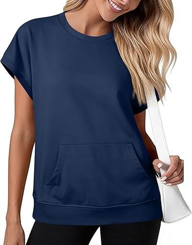 Women Summer Trendy Sweatshirt Casual Dressy Shirts Crew Neck Work Tops Short Sleeve Solid Color Sweatshirt with Pocket