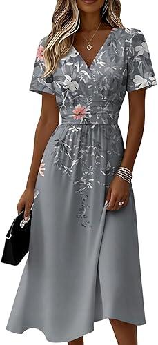 Short Sleeve Midi Dresses for Women Spring Summer Plus Size V Neck Flowy A Line Dress Elegant Formal Ruched Dress