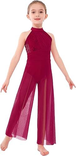 Freebily Kids Girls Lyrical Dance Wide Leg Pants Jumpsuit Sleeveless Shiny Sequin Ballet Dance Leotard Mesh Dress