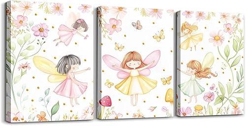 Erosebridal Floral Fairy Garden Canvas Wall Art Set of 3,Cute Flower Butterfly Pictures Wall Decor for Girls Kids Bedroom Living Room,Coquette Flowers Wildflower Poster Prints Paintings Walls Decor