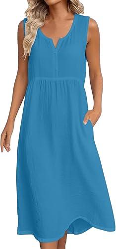 Womens Cotton Linen Midi Dresses Sleeveless Crewneck Empire Waist Loose Comfy Beach Casual Sundress