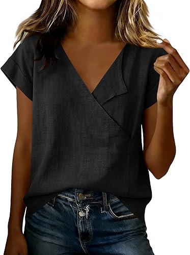Oplxuo Women's Cotton Linen Shirts V Neck Short Sleeve Wrap Blouse Summer Casual Loose Fit Tunic Tops