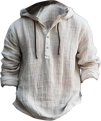 Cotton Linen Hoodie for Men, Long Sleeve Breathable Hooded Shirt, Casual Tops for Spring and Fall