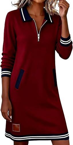 Womens Polo Lapel Half Zip Color Block Long Sleeve Loose A-Line Midi Sweatshirt Dress with Pockets