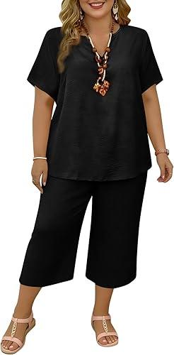 Women's Two Piece Outfit Set Loose Fit Short Sleeve Top And Wide Leg Cropped Pants Plus Size Loungewear