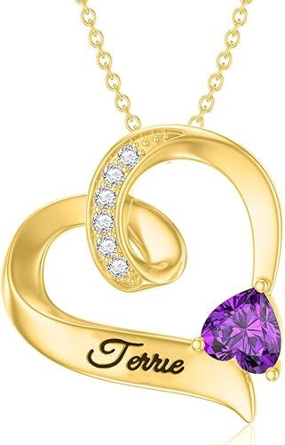10K/14K/18K Gold Personalized Mom Necklace with 1-4 Birthstones Custom Name Heart Necklace Engraved Names for Mom Wife