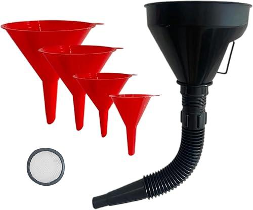 5 Pcs Plastic Oil Funnels for Automotive Use Set, Large Flexible Fuel Funnel, Wide Mouth Fuel Funnels with Detachable Spout and Filter for Water, Gasoline, Coolant, Engine Oil Transfer