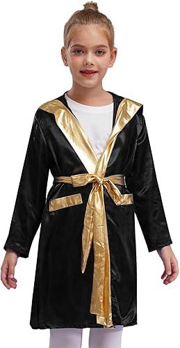 TiaoBug Kids Youth Boys Boxing Robe Costumes Long Satin Hooded Hoodies Halloween Boxer Party Fancy Dress Up