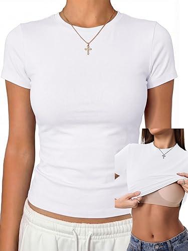 Danysu Nude Built in Bra Cotton Jersey T Shirt No See Through Stretchy Lightweight Fitted Everyday Basic Tops Gym Workout Tee