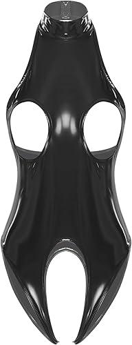 YiZYiF Women's Sleeveless Wet Look Glossy Patent Leather Catsuit Hollowing Out High Cut Bodysuit