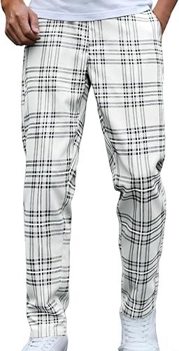 Men's Plaid Dress Pants Regular Fit Formal Pants Business Checked Trousers Color Block Lounge Pant with Pockets