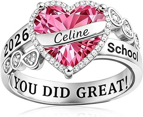 Silver/10K 14K 18K Gold Custom Class Rings for Women High School Graduation Ring with Birthstone Personalized University College Rings for Her-Heart Center 2