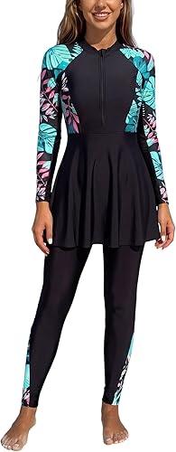 OBEEII Women Burkini Muslim Swimsuit Long Sleeve Tropical Print Rash Guard Bathing Suit Full Cover Modest Beachwear Wetsuit