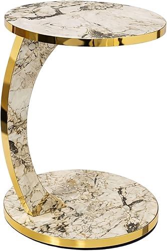 Luxury C Shaped Golden Effect Side Table with Wheels, Premium Faux Marble Round End Table with Gold Trim Edge, Elegant Slide Under Couch, Sofa for Living Room Small Spaces (White Marble)