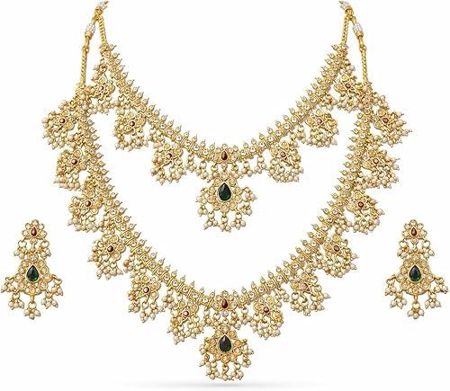 Temple Jewelry Necklace Set for Women – Gold Plated Goddess Lakshmi Design Statement Necklace with Matching Earrings, Green & Red Stones, Traditional Indian Bridal Wedding Jewelry