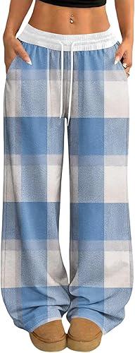 Womens Casual Checkered Sweatpants Drawstring Waist Comfy Loose Wide Leg Joggers with Pockets
