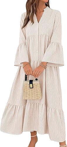 chouyatou Women's Summer Boho Striped Shirt Dress Casual Loose 3/4 Trumpet Sleeve A-Line Tiered Maxi Long Dress