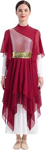 AFAVOM Metallic Praise Dance Dresses for Women Ruffle Color Block Worship Overlays Tunics Liturgical Dancewear with Waistband
