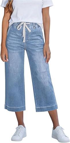 Women's Denim Cropped Wide Leg Jeans, Elastic Drawstring Waist Casual Capri Pants with Pockets Summer Jean Capris