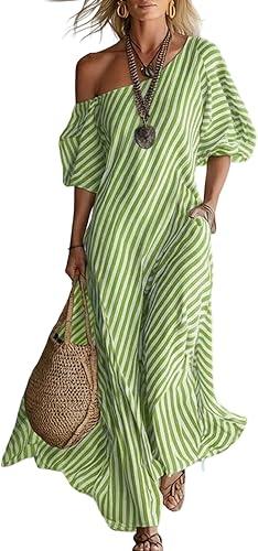 Women's 2026 Summer Flutter Short Sleeve One Shoulder Loose Boho Vacation Flowy Midi Dress, S-2XL