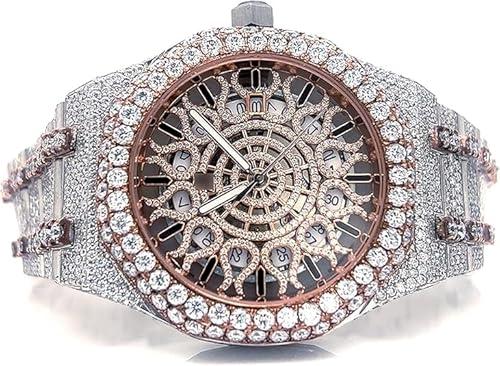 Moissanite Watch for Men Automatic Rose Gold and Silver Tone Baguette Style Markers Date Display Stainless Steel Diamond Look Premium Analog Wrist Watch Gift for Him Wedding Anniversary