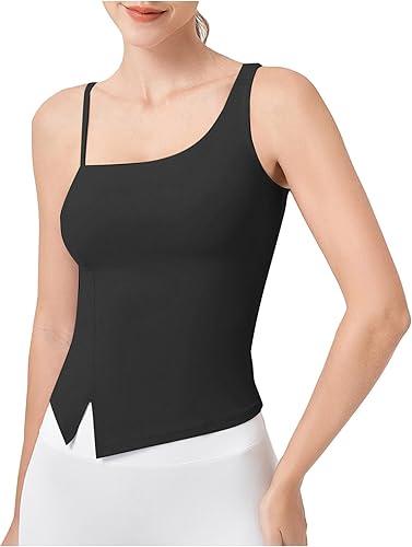 Women's Tank Tops with Built in Bra Asymmetric Hem Double Lined Slim Fit Workout Yoga Going Out Tops