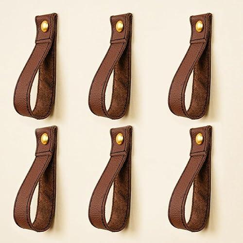 IndianShelf Decorative Leather Wall Hooks - Multi-Purpose Boho Loop Straps for Curtains, Knobs, Bathroom, Kitchen & Home Organization (Brown)- 6 Pieces