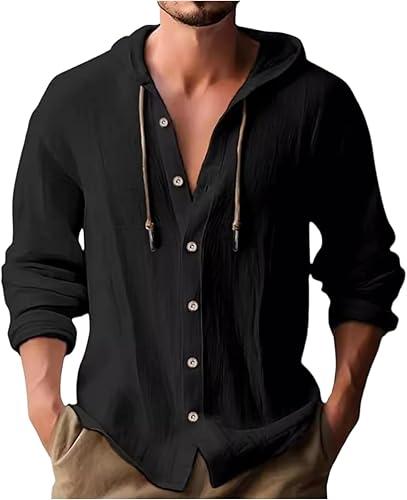 Mens Cotton Hoodies Lightweight Long Sleeve Button Down Shirts Casual Hawaiian Beach Yoga Tops Sweatshirts, M-3XL