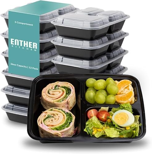 Enther Meal Prep Containers [12 Pack] 3 Compartment with Lids, Food Storage Bento Box | BPA Free | Stackable | Reusable Lunch Boxes, Microwave/Dishwasher/Freezer Safe,Portion Control (36 oz)