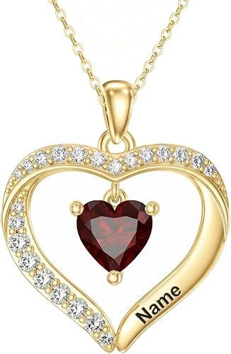 Silver/Solid 10K 14K 18K Gold Lab Diamond Personalized 1-5 Names Necklace with 1-5 Birthstones for Women Mom,Custom Heart Names Necklace Diamond Accented