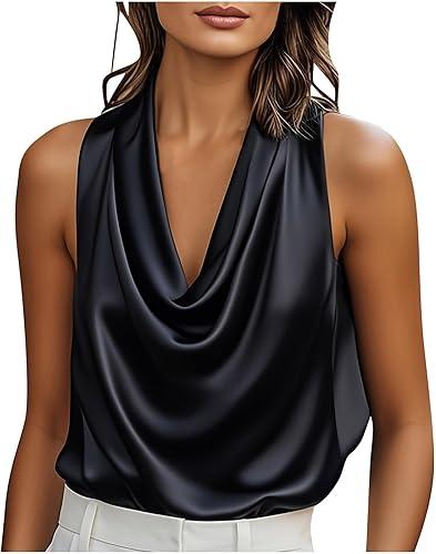 Oplxuo Womens Silk Satin Tank Tops Trendy Cowl Neck Shirts Sleeveless Teacher Clothes Office Business Dressy Casual Blouse