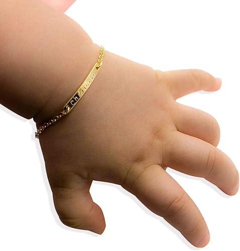 Baby Name Bar ID Bracelet Gold Plated Personalized Baby Gifts 16k Gold Dainty Hand Stamp Customized Newborn to Children First Birthday Great Gift
