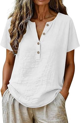 Womens Linen Tops Trendy Summer Short Sleeve Button Henley Shirts V Neck Dressy Casual Linen Cotton Loose Blouses