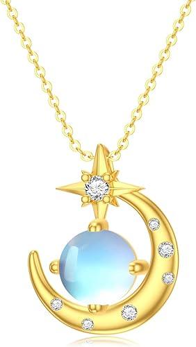 14K Yellow Gold Moon and Star Necklaces for Women Solid 14K Gold Crescent Moon Star Pendant Neckalces with Moonstone Birthday Anniversary Jewelry Gift for Wife Mom Her
