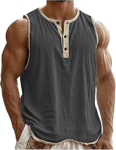 Henley Tank Tops Men Cotton Linen Sleeveless T-Shirts Summer Workout Gym Undershirts Sports Basic Tees Color Block Shirts