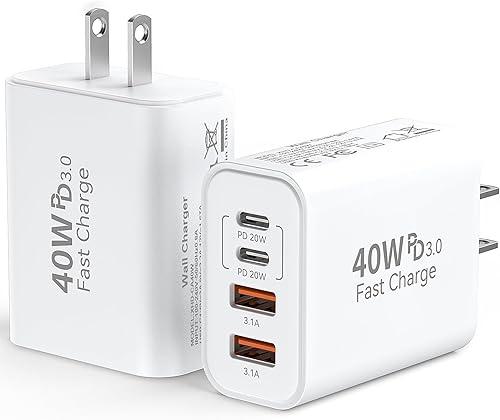 USB C Wall Fast Charger Block, 40W 4-Port Type C Charger Fast Charging Blocks PD Power Charger Adapter+QC 3.0 USB Multiport Charger Brick for iPhone 17/16/15/14/13/12 Pro Max, iPad, Galaxy S25-2Pack — 20% off