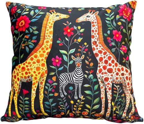 Vibrant Giraffe & Zebra Floral Jungle Throw Pillow Case, 18x18 Inch Double-Sided Black Safari Cushion Cover for Sofa, Bedroom, Living Room Decor