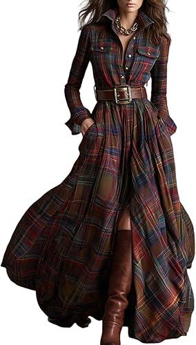 Women's Plaid Dresses Vintage Western Button Down Long Sleeve Maxi A-Line Cocktail Party Lapel Ruffle Shirt Dress