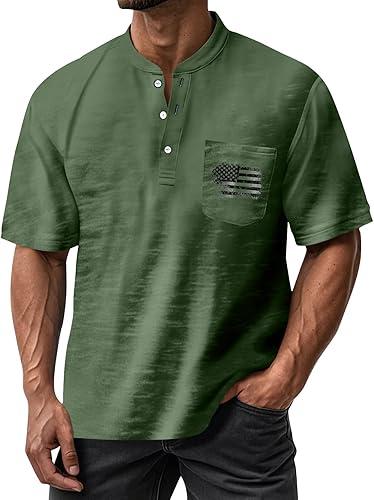Men's 250 Anniversary America Shirt, Short Sleeve Patriotic Henley Shirts American Flag Vintage T-Shirts, M-3XL