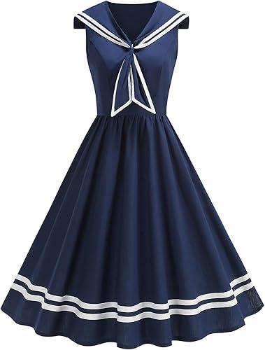 Women Nautical Sailor Collar Dress 50s Striped Vintage Cocktail Swing Dresses 1950s Audrey Hepburn Casual A-Line Prom Dress