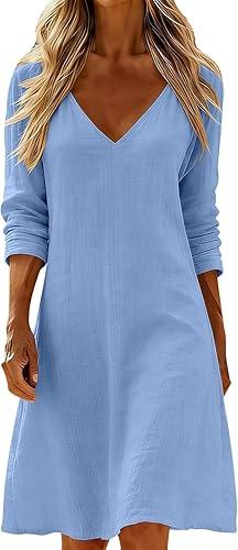 Women Short Sleeve Shift Dress Half Sleeve V Neck Summer Sundress Cotton Linen Lightweight Beach Outfit for Vacation