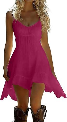 Oplxuo Women Cotton Linen Beach Dress Spaghetti Strap V Neck Mini Dresses Summer Sleeveless Casual Sundresses with Ruffle Hem