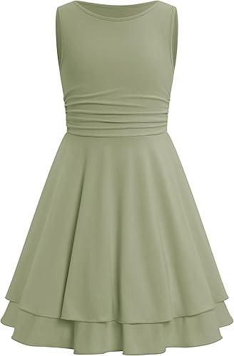 IBTOM CASTLE Girls Sleeveless Dress Teen Ruched Waist Ruffle Layered Flowy Summer Easter Tween Dance Party Dresses 9-15Y