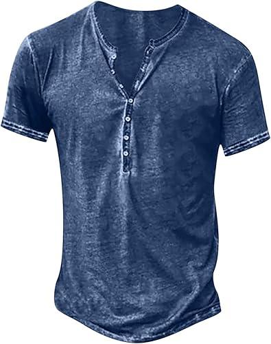 Mens Vintage Henley Shirts Classic Short Sleeve Button Shirts Solid Color Casual Shirt Distressed Acid Washed Cotton Tops