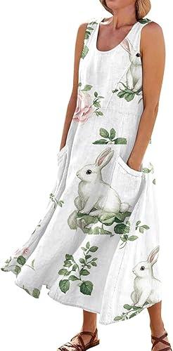 Easter Dresses for Women 2026 Sleeveless Summer Casual Floral Egg Print Sundress Vacation Party Dress with Pockets