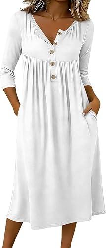 3/4 Sleeve Womens Dress Casual Flowy A-Line Midi T-Shirt Dresses with Pockets Crewneck Vocation Boho Beach Sundress
